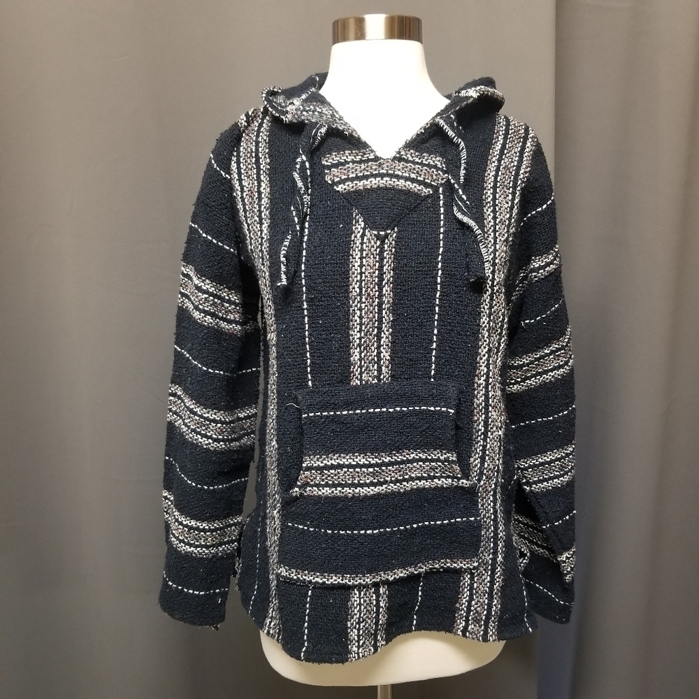Vintage Rag Rug Poncho Pullover Mexican Baja Style‎ Blanket Hoodie Medium